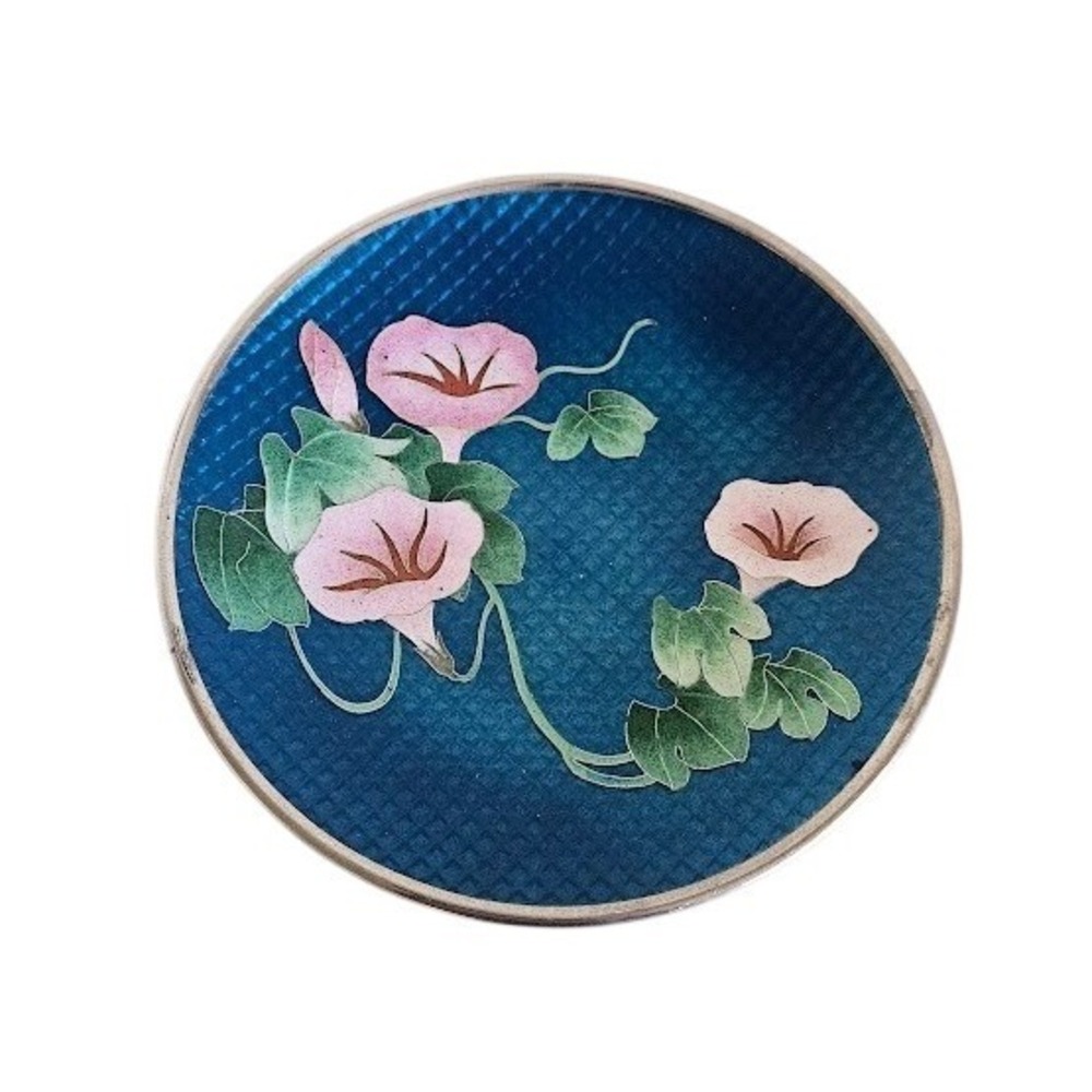 Vintage Jingfa Cloisonne Enamel Trinket Dish Blue Pink Morning Glory Flower